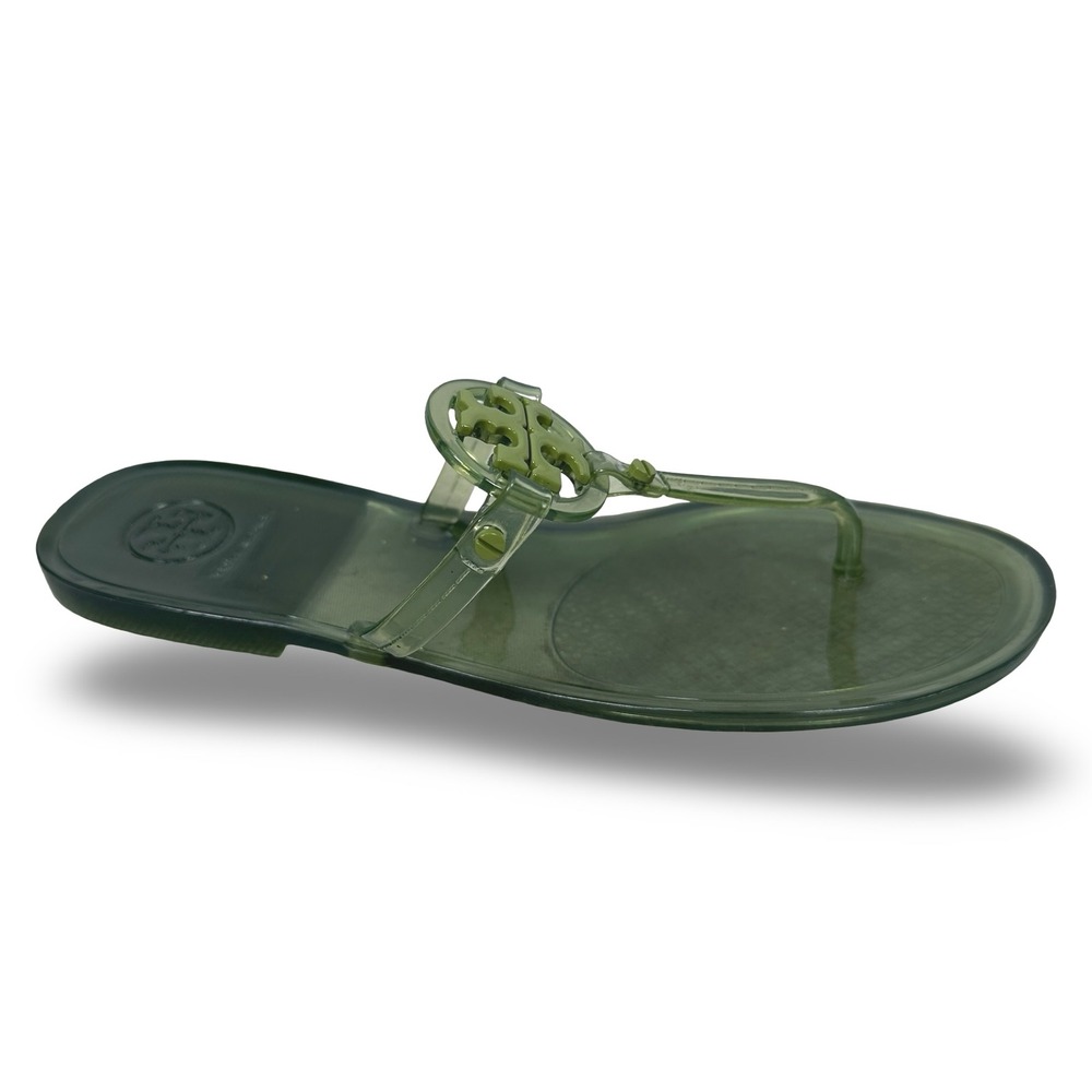 Tory Burch Miller Jelly Sandals Olive Green Double T Logo Thong Flat Slides 7